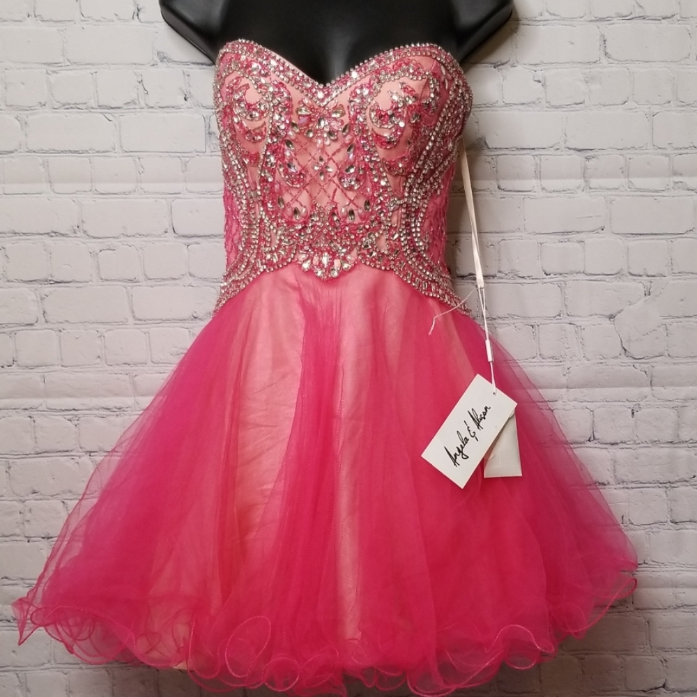 Angela & Alison Coral and Silver Embellished Prom Dress